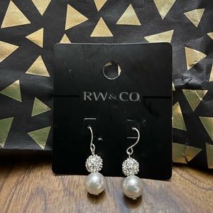 RW & Co Drop Pearl/Rhinestone Silver Earrings